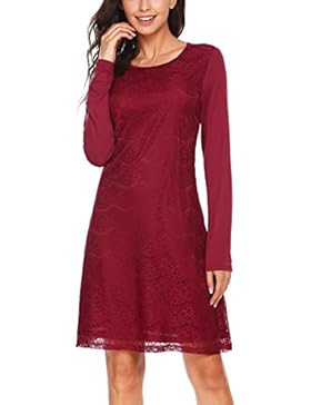 Finejo Damen Elegant Kleider Abendkleid Partykleid Langarm Kleid mit Spitzen Hochzeit Knielang