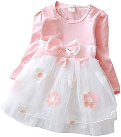 PJPYIF Baby Girls Long Sleeve Flowers Bowknot Dresses Princess Party Dress 18-24 Months Pink