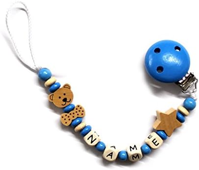 Baby Dummy Chain Wood with Choice of Name. Bear with Bow, JAMES