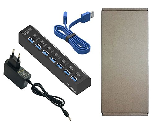 Tumao USB 3.0 Hub 7 Ports mit Netzteil , USB 3.0 Datenhub 7 Ports Adapter Super Speed mit 5V 2A USB Power Adapter unabhängige externe Ladegerät Für iMac, MacBooks, PCs und Laptops, Tablet - 7