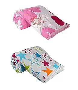 Manonita Enterprises Star and Multi Flowers Print Microfiber Super Soft Reversible Single Bed AC Dohar / Blanket Combo Set of 2 Pc (White Star and Big Pink Flowers Prints)