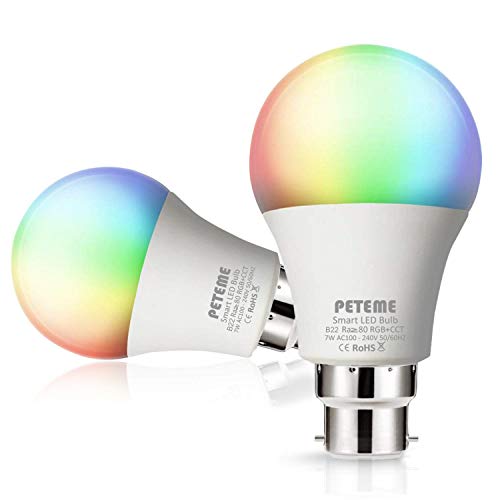 Peteme Smart LED RGB Bayonet WiFi B22 Bulb Dimmable Multicolor Light Bulb Work with Alexa, Echo, Google Home and IFTTT (No Hub Required), Peteme A19 60W Changing Bulb, 2Pack...