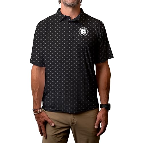 Blue 84 Brooklyn Nets NBA Officially Licensed Short Sleeve Performance Polo Strengthened All Over Print, Large Black