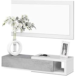 Habitdesign 0L6743A - Meuble d'entrée avec tiroir et miroir, mobilier d'entrée modèle midi, Blanc Artik et Gris Ciment, dimensions: 95 cm (largeur) x 19 cm (hauteur) x 26 cm (profondeur)