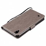 LEMORRY LG X power Hülle Tasche Geprägter Ledertasche Flip Beutel Haut Slim Fit Bumper Schutz Magnetisch Schließung Stehening Soft SchutzHülle Weich Silikon Cover Case Schale für LG X power (K220DS,K220), Glücklicher Baum Grau - 