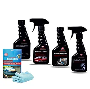 UE Exterior Cleaning Kit (Pack of 5 Items) Glass Cleaner, Rubbing Compound, Liquid Wax, Tyre Polish, Micro Fiber Cloth