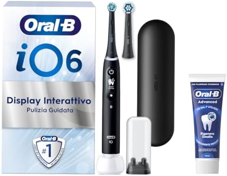 Oral-B iO 6 Spazzolino Elettrico Ricaricabile, 2 Testina di Ricambio, Nero - 2 Testine di Ricambio per Spazzolino Elettrico, Custodia da Viaggio + 1 Dentifricio Advanced Rigenera Smalto, Pulizia Denti