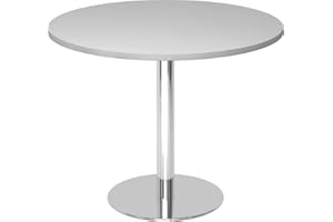 bümö Meeting Table, Small Dining Table, Round Table, 100 cm, Grey, Round Table, Dining Table for 2 People, with Wooden Top, Chrome-Plated Metal Column, Conference Table, Bistro Table