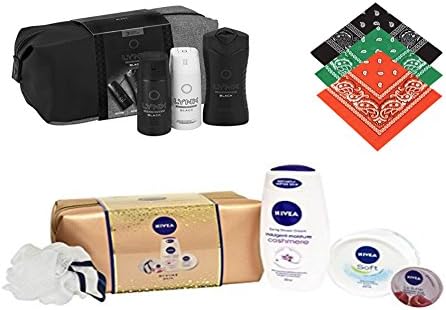 Ideal New year Gift set Hamper for couples Him &amp; Her New years Present (Man &amp; women ) - 12 Pieces Gift set incl Lynx Black Mens washbag,Rose Gold womens washbag gift sets,Buckingham Bandanas