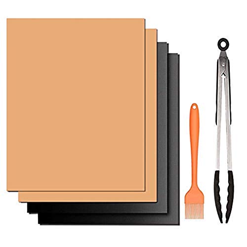 AUERVO BBQ Grill Mat Set of 4, Barbecue Grill Mat Baking Mat Non Stick,FDA Approved,Reusable,Easy to Clean Perfect for Gas, Charcoal,Electric Grills,Free Tongs&Brush