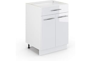 Vicco Meuble Cuisine Fame-Line, Blanc Haute Brillance/Blanc, 60 cm avec tiroir, sans Plan de Travail
