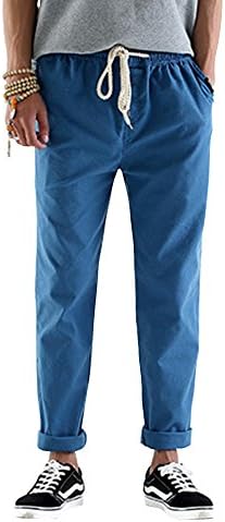 SOIXANTE Men's Casual Linen Trousers Elastic Waist Pants with Drawstring , Blue, X-Small(Asia M):Waist Size: 26-28 inch