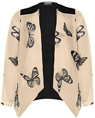 Ladies Butterfly Print Chiffon Sleeve Waterfall Zip Detail Open Front Blazer Kimono [Peach, UK 10]