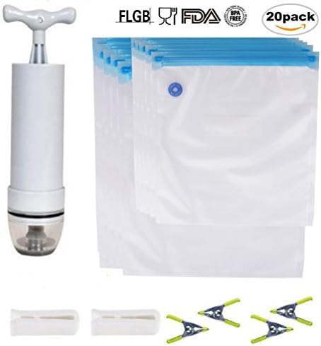 Food Vacuum Sealer Bags, 20 BPA Free Sous Vide Bags Kit for Anova Cookers with 1 Hand Pump, 2 Bag Sealing Clips, Reusable Practical for Food Storage Cooking (20PCS + 1 Hand Pump)
