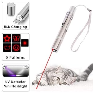 Juguetes para gatos Puntero LED, USB recargable 3 en 1 Función, Mini linterna + Luz roja + Luz ultravioleta, Interactivo Mascota Comando de luz, Herramienta de entrenamiento para Gato Perro Cazador