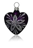  Lauschaer Glas Herzen klein lila matt mit Blumendekor 4 Stück Christbaumschmuck Weihnachtsbaumschmuck mundgeblasen, handdekoriert Original