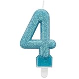vela numero 4 Diseño elegante. Amscan 9900765 - Vela de cumpleaños del número 4 con purpurina, 7,6 cm