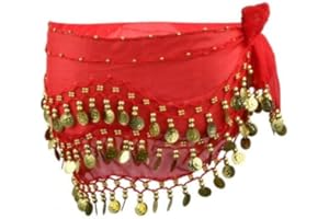 Wisebom Ceinture Danse Orientale Femme, Écharpe de Hanche en Mousseline avec 128 Pièces d'or, Jupe de Danse du Ventre (FR/ES, Alpha/Lettres, Taille Unique, Taille Normale, Taille Normale, Rouge)