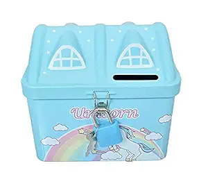 Ds PARADISE House Shape Unicorn Printed Metal Coin Bank Piggy Bank for Kids with Lock and Key Coin Bank