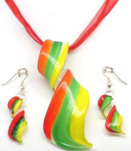 Orange, Green &amp; Yellow Stripey Swirly Twirly Carnival Time Glass Pendant On A Red Multistrand Necklace With Matching Drop Earrings Set