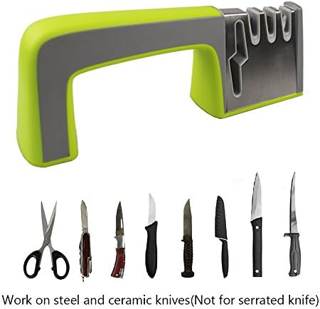 Kitchen Knife Sharpener and Scissors Sharpener, Portable 4 Stages Knives Sharpening System, Easy to Use for All sized Household Knives, Non-slip Base with Ergonomic and Stylish Design (Yellow)