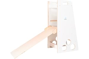 MAMI SRL Learning Tower in Legno con Scivolo Torretta Montessoriana per Bambini Sgabello Pedana Bimbo Apprendimento con 3 Livelli di Altezza (Bianco, Scivolo)