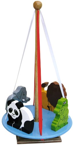 Wooden Spinning Roundabout Carousel ~ Wild Animals on Blue Base - Hand made in UK