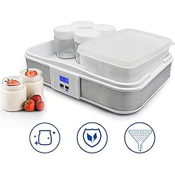 Sotech - Yaourtière,Pot Yaourt en Verre avec Couvercle,Ferments lactiques pour yaourts,Pot de Yaourt avec Couvercle,Bol à Yaourt avec Tamis et 6 Pots, minuteur, 30,6 x 25 x 12,4 cm, Blanc