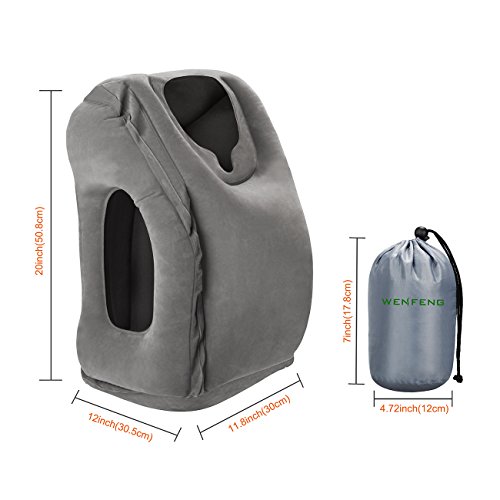 WENFENG Aufblasbares Reisekissen, Ergonomisches und tragbares Kissen für Kopf und Hals Pause, Am schnellsten durch Düse aufblases Nap Kissen, Design für Flugzeuge, Autos, Busse, Züge, Büro-Nickerchen und Camping, Stütze für Hals und Kinn, Weiche PVC Flocking (Grau) - 2