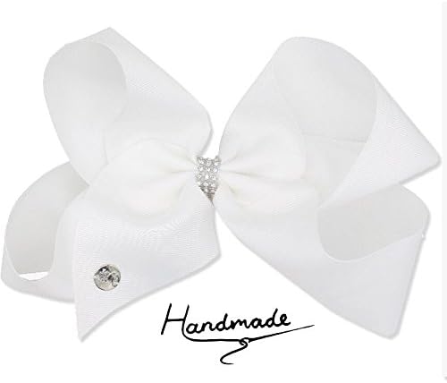 White JayJo JOJO Style Bows Large 8" Big Bow Hair Clip for Children Girls Rhinestone