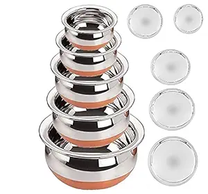 Shopeum Stainless Steel Copper Bottom Handi,patila, Pot Biryani Punjabi Handi Set with Lid 5 Pieces Serving Bowls with Lids Cookware Set Capacity:- 0.5 L,0.8 L,1.2 L,1.5 L,1.8 L,(Copper & Silver)