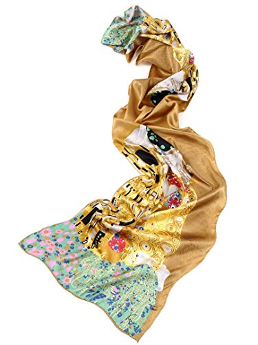 prettystern P1681 - Gustav Klimt Stile Liberty Dipinto Arrotolato a Mano Pesante Sciarpa Raso di Seta - Il Bacio (stella D'oro)