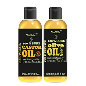 Vadhika Pure and Natural Cold Pressed Castor and Olive Oil for Hair and Skin (100 ml Each) -Pack of 2