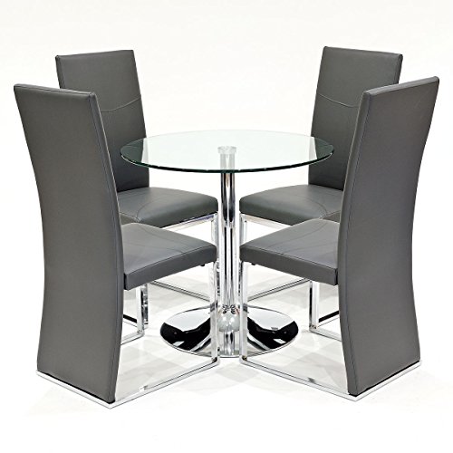 Buy Clear Glass Round Dining Table with 4 x Grey Anderson Faux Leather Dining Chairs Online at