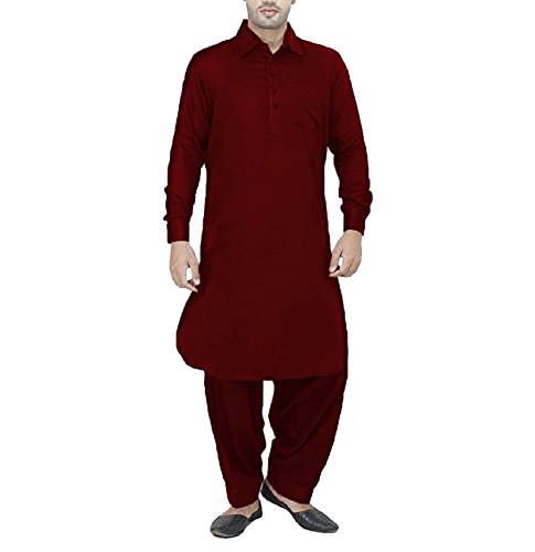 Royal Mens Cotton Linen Maroon Pathani Suit For Men (40)