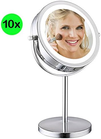 Best Vanity Makeup Mirror with LED lights by AMZNEVO - Night Lighted Cosmetic Mirror with 10X Magnification, 7 inch Round Chrome Polished Finish, Double-Sided Illuminated Panels / Travel