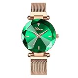 Hswt Damenuhr Mode Quarzuhr für Frauen Edelstahl Maschenband Magnetschnalle Wasserdicht Zubehör mit Spiegelglas ansehen,Green