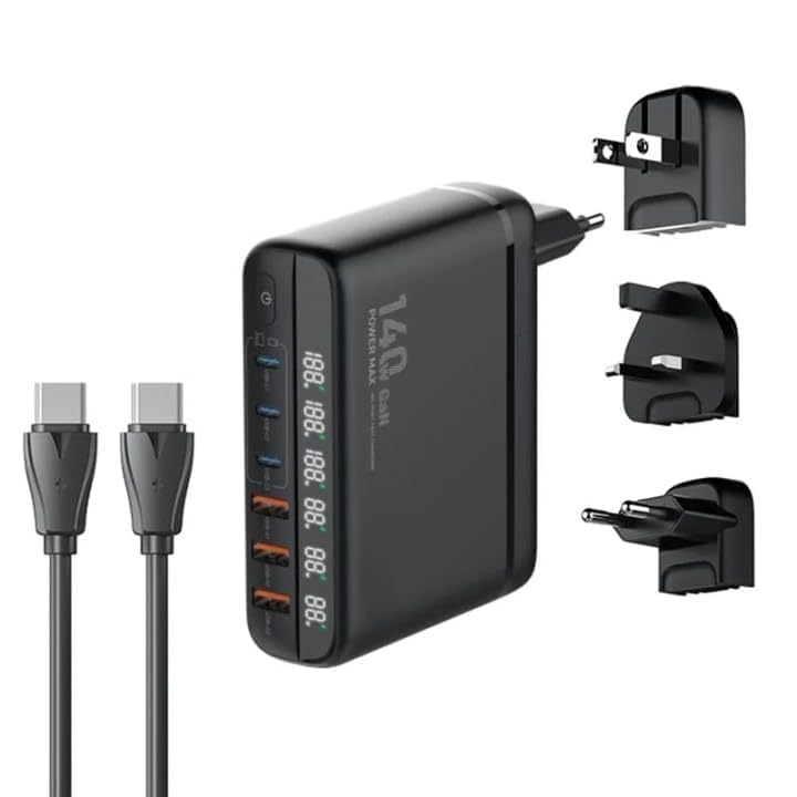 140W Gan Super Fast Charging 6 Ports USB Type C Charger with Display Compatible for iPhone 15 14 13 12 Pro Max/MacBook / S23 | World International Sockets Multi Port USB C Travel Adapter