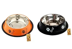 Foodie Puppies Stainless Steel Combo Offer Paw Bone Printed Night Black and Fiery Orange Food Water Feeding Bowl for Dogs & Puppies (Medium, 700ml Each)