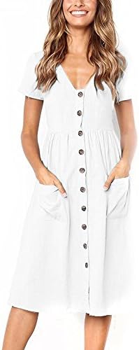DOLDOA Womens Casual Dress Solid Color Short Sleeve Buttons Down Holiday Summer Beach Party Dress with Pocket,S-XL