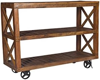 Stylla LondonSolid Wood Designer Furniture Console Table Shelves with Wheels Multipurpose Industrial Table