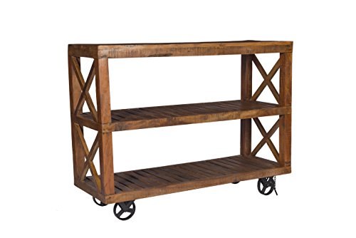 Stylla LondonSolid Wood Designer Furniture Console Table Shelves with Wheels Multipurpose Industrial Table