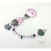 Schnullerkette mit Namen - Bär mit Häkelperle - Stern - Herz - silber- grau- rosa- C014