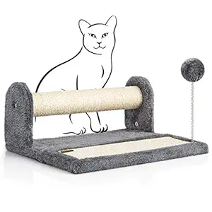 PAWBEE Cat Scratching Post & Scratching Pad ? 14.5? Cat Post & Scratching Board With Soft Play Ball Toy - Natural Sisal Rope covered Scratch Post & Pad For Keeping Kittens And Cats Away From Furniture