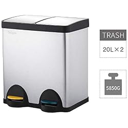 Velaze Poubelle Cuisine à Pédale en Acier INOX, Bac Cuisine Soft-Close Automatique, Capacité de 40L, 2 Compartiments Classification des Ordures, Recyclage à Domicile, Tri Selectif