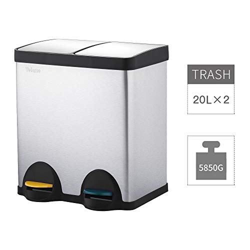 Velaze Poubelle Cuisine à Pédale en Acier INOX, Bac Cuisine Soft-Close Automatique, Capacité de 40L, 2 Compartiments Classification des Ordures, Recyclage à Domicile, Tri Selectif