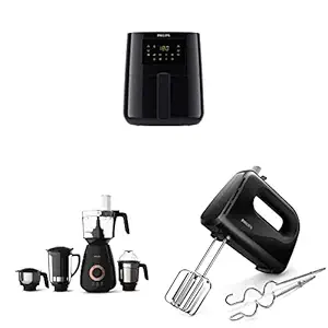 PHILIPS 1400W 4.1 L Digital Air Fryer, (Black, Large) & PHILIPS HL7707/00 750W Mixer Grinder, Black & Philips HR3705/10 300-Watt Hand Mixer, Black