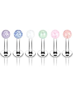 SL-Silver 6er Set Tragus Lippenpiercing mit Glitterkugel 1,2x8x3 mm