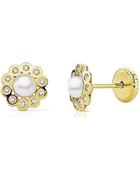 18k Gold Ohrringe 6.5mm Kreis. Perle Zentrum circonitas [AB2383]