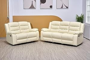 STYLISHSOFA Roma Recliner Cream Bonded Leather 3+2 Seater Sofa Set - For Living Room Furniture - 2 Seater High Back Settee & 3 Seatr Cheap Couches (3+2 Seater Sofa)